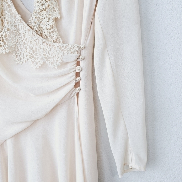 Vintage J.Harris 80s Wrap Lace Chiffon Pearls Romantic Long Sleeve Midi Dress - Picture 11 of 16